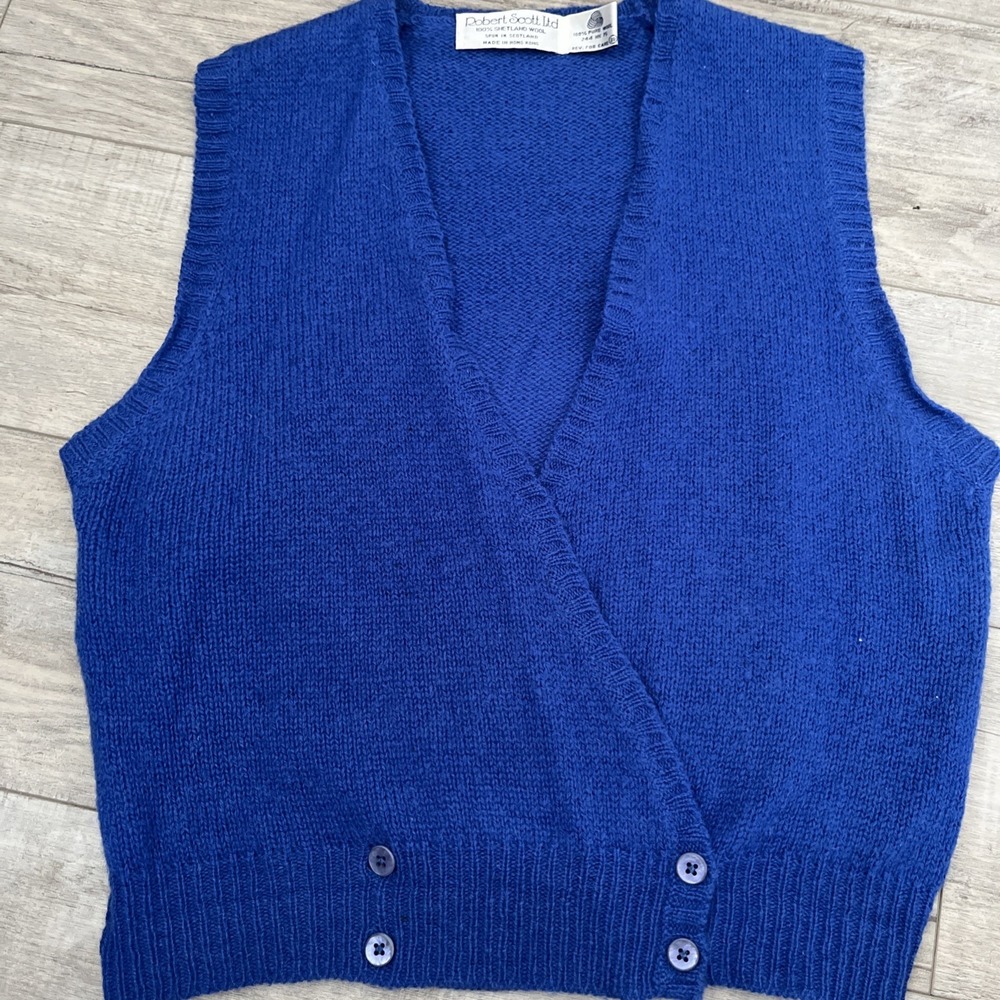 Vintage Robert Scott Sweater Vest Blue Med 100% Shetland Wool Spun In Scotland